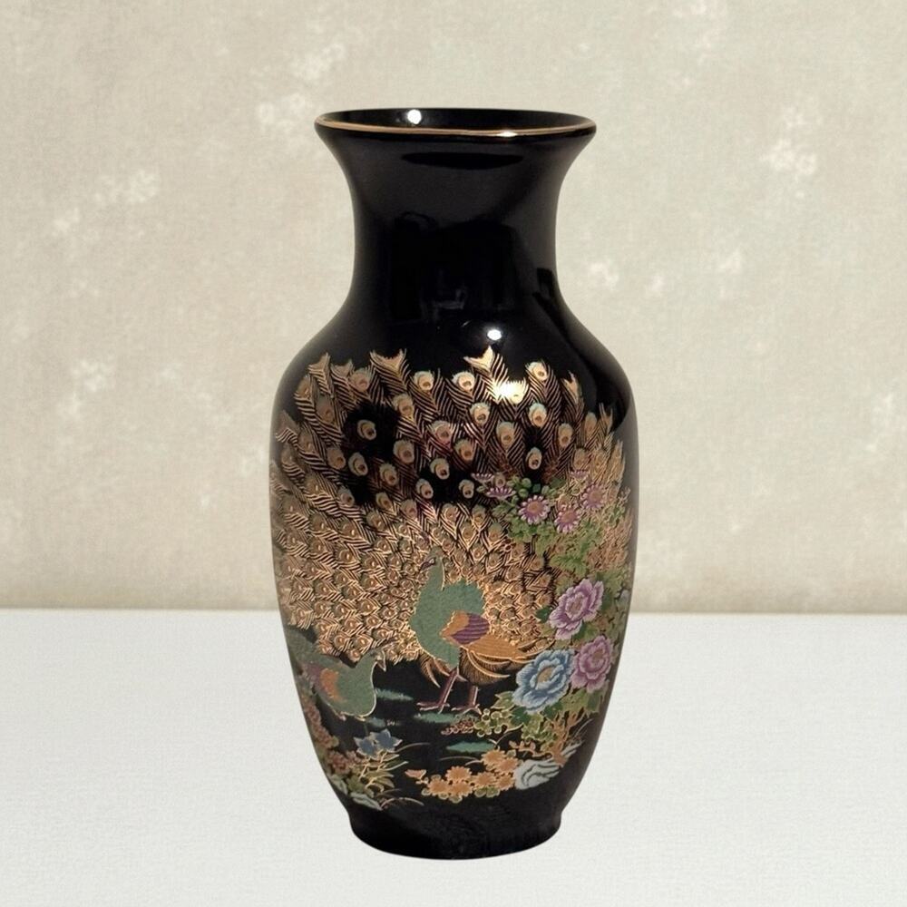 Vintage Japanese Porcelain Peacock Vase Gold Floral Black Hand Painted Japan 5”